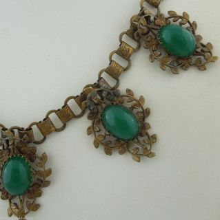  Flower Necklace Green Glass Cabs Victorian Revival Vtg Necklace