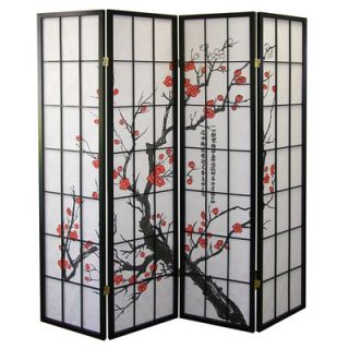ORE Four Panel Room Divider with Plum Blossom Design in Black