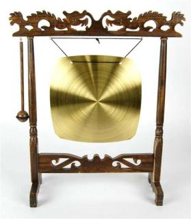 Brass Square Gong Dragon Wood Stand Feng Shui Asian 19