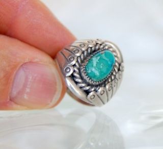 Vtg Navajo R Harvey Old Green Kingman Turquoise Sterling Mans Ring 7