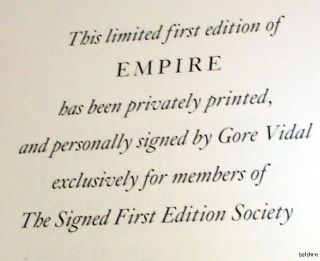 Empire   SIGNED Gore Vidal   Limited 1st Edition   1987   Ships Free U