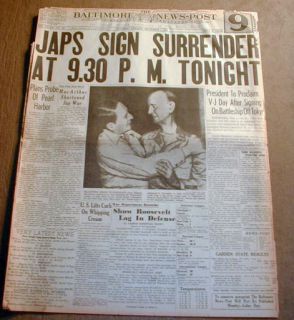 1945 WW II End Headline Newspaper Japanese Sign Surrender USS Missouri