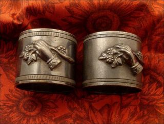 Pair Antique Victorian Figural Hands Auntie Uncle Napkin Rings Silver