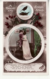 Christmas Lady Kisses Son Rotary Color RPPC Postcard