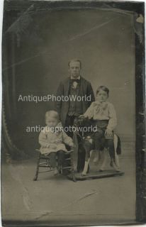 Man with Children and Great Toy Horse Antique Tintype Photo