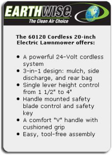 Earthwise 60120 20 Inch 24 Volt Cordless Electric Lawn