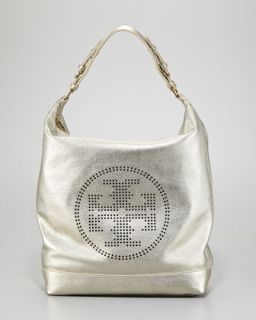 New Perforated Logo Leather Hobo Bag, Platinum