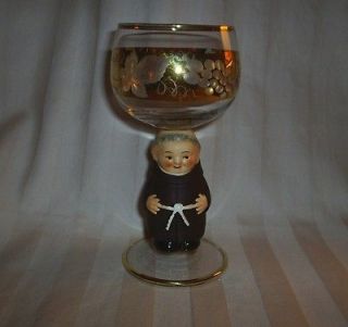  Western Germany Porcelain etched Wine Glass Friar Tuck Monk gold