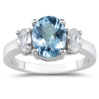 82 Cts White Sapphire & 3.00 Cts Aquamarine Ring in 14K White Gold 5