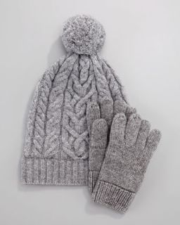  Cashmere Cable Knit Hat & Plain Gloves, Sizes 2 6, Gray