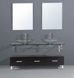 9096 Solid Wood Double Sink Bathroom Vanity Cabinet Tempered Glass