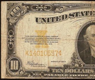 Large 1922 $10 Dollar Bill Gold Certificate Coin Note Paper Money Fr