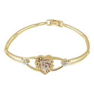 14k Tricolor Gold, 15 Anos Quinceanera Heart Bracelet with