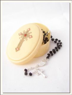 SUPERB HOLY CROSS ANTIQUE 1920s IVORY TONE LOCKET w ROSARY IN VISIT MY
