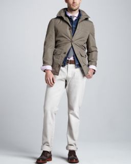 Brunello Cucinelli Short Safari Rain Coat, Denim Button Vest, Check
