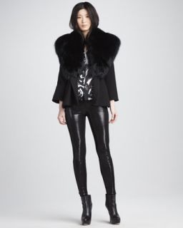 Alice + Olivia Kyah Fur Collar Coat, Edie Printed Top & Shiny Leather