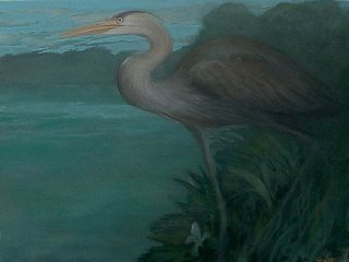  Edge Original Heron Egret Painting Rick Cain Nature Wildlife Lake Bird