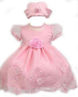Elegant Baby Girl Pink Dress & Hat. Available in 12,18,24
