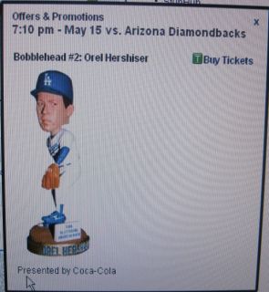 Orel Hershiser LA Dodgers Greats 2012 Bobblehead 2 5 15 12 Pre Sale