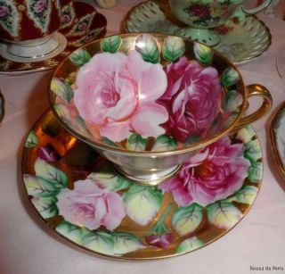  CUP & SAUCER hand painted shabby PINK ROSES~TEACUP~24KT Gold~highmount