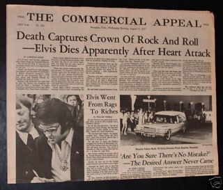 Vintage 1977 Elvis Presley Death Headline Newspaper Memphis TN