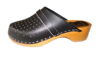 Genuine Black Leather Wooden Sole Swedish Style Clogs Womens Mens All