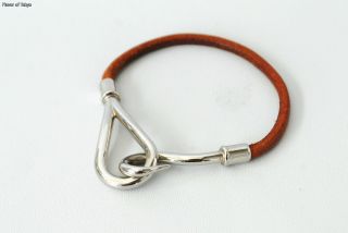 Authentic Hermes Silvertone Jumbo Hook Bracelet Brown Leather