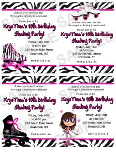  Party Invitations Rollerskate Roller Skate Skating Diva Zebra Hot Pink