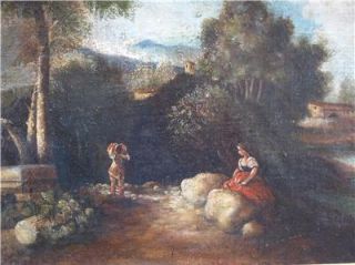 18thC Arcadian Landscape Oil Painting Figures on Pathway