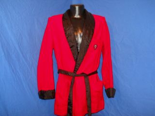 Vintage 50s Red Black Smoking Jacket Corduroy Taffeta Robe Dressing