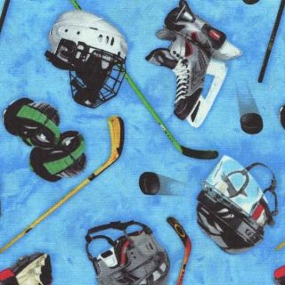 HOCKEY EQUIPMENT SKATES ETC ON LT BLUE Cotton Fabric BTY for Quilting