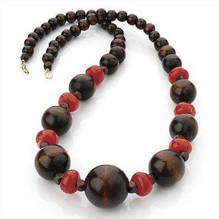 Long Chunky Wood Bead Necklace (Chocolate Brown & Red