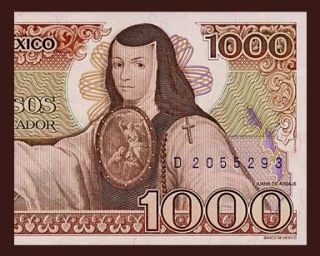 1000 Pesos Banknote Mexico 1985 XN Poet Nun Juana Inés Pick 85 Crisp