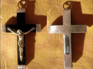   BAKELITE RELIQUARY CRUCIFIX AND HOLY WATER FROM LOURDES PILGRIMAGE