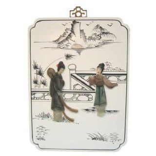 Rectangular Wooden White Lacquer Oriental Wall Hanging