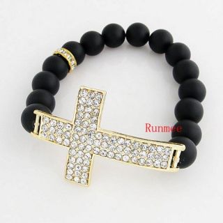  Onyx Beads Crystal Pave Sideway Cross Honesty Stretch Bracelets