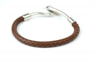  Hermes Silvertone Jumbo Hook Bracelet Brown Woven Leather