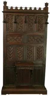   1880 FRENCH OAK HALL TREE CARVINGS COAT HOOKS UMBRELLA STAND DRAWER