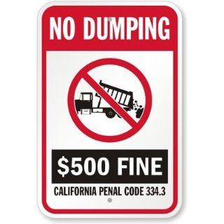 No Dumping, $500 Fine, California Penal Code 334.3 Sign