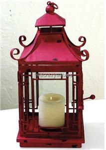 Horchow Pagoda Candle Lantern Red Asian Japanese Table Hanging Iron