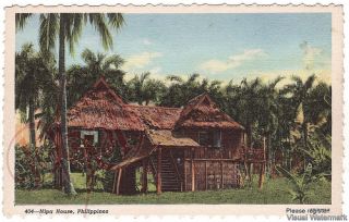 Philippines Nipa House 1940s Color Post Card Peco 404