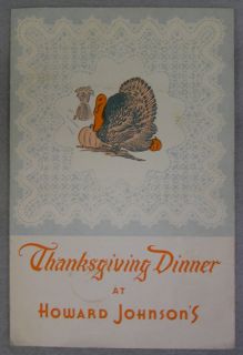 1940 Howard Johnsons Old Fashion New England Thanksgiving Dinner Menu