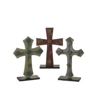 MPN 238578 Distressed Cross With Metal Flowers Wood and