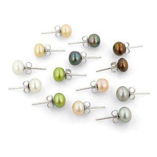 Set of 7 Freshwater Cultured Button Pearl Stud Earrings with Sterling