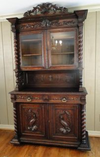 Antique French Hunt Cabinet Hutch Buffet Bookcase Louis XVI Dark Oak