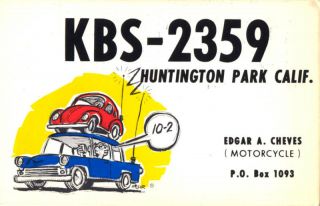  QSL Postcard VW Beetle Comic Cheves 1970s Huntington Park CA