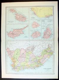 1879 Phillip Antique Map of South Africa Cyprus Malta World Islands