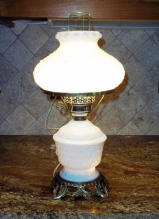   DOUBLE GLOBE MILK GLASS FLORAL PATTERN HURRICANE ELECTRIC TABLE LAMP
