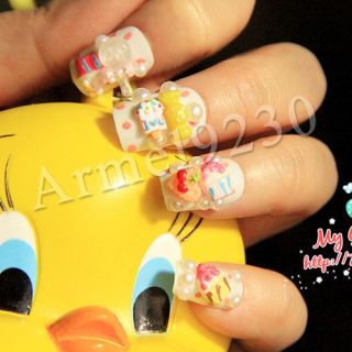 Sweetie Cherry 3D Ice Cream Candy Yellow 24 Nail Tips Cute Foils Wraps