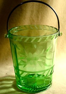  Green Depression Glass Panel Optic Wine Ice Bucket Cut Flowers